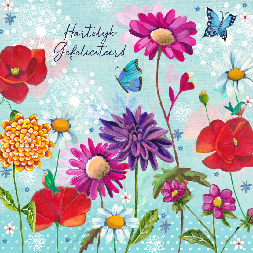 Verjaardagskaarten - Verjaardagskaart vrouw bloemen vlinders illustratie