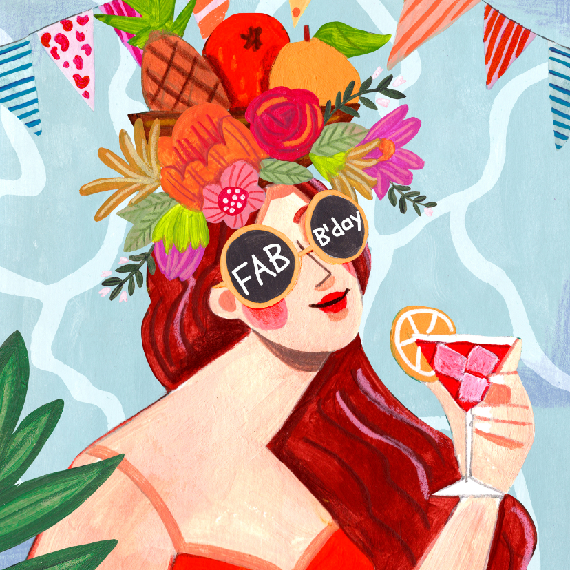 Verjaardagskaarten - Verjaardagskaart vrouw 'fabulous birthday' bloemen en fruit