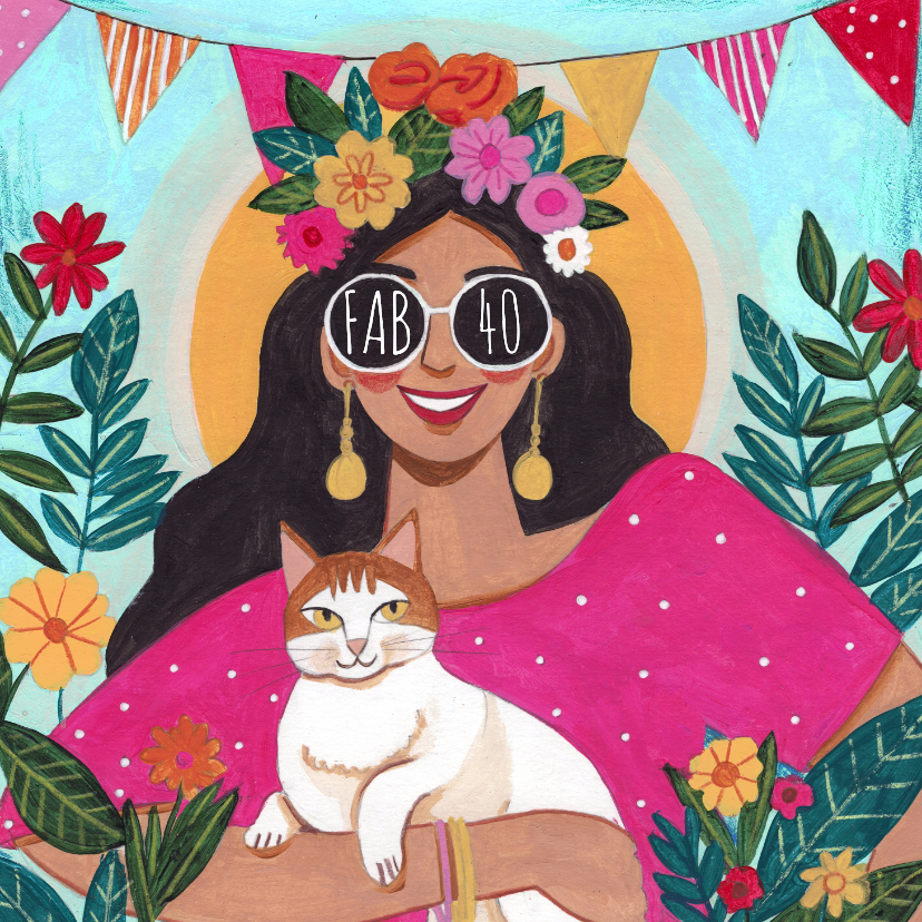 Verjaardagskaarten - Verjaardagskaart vrouw kat bloemen illustratie