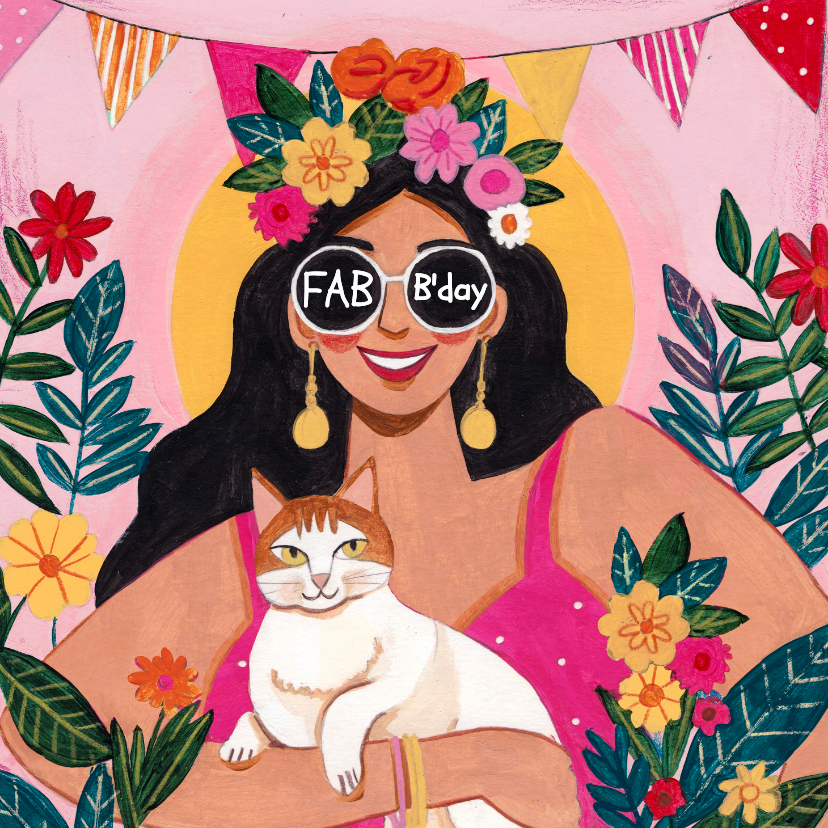 Verjaardagskaarten - Verjaardagskaart vrouw kat bloemen zomer