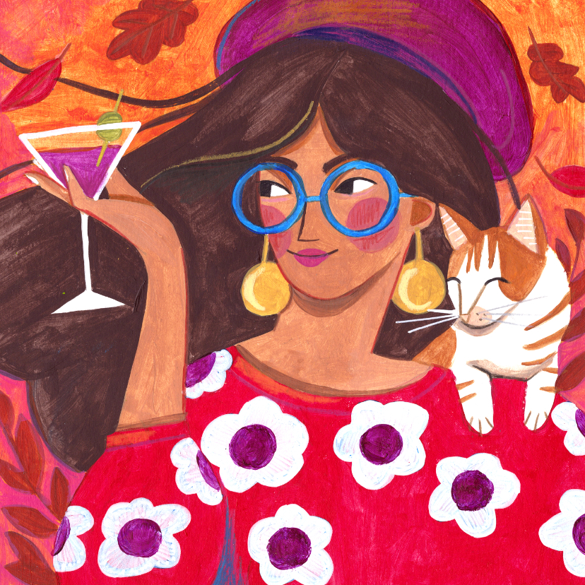 Verjaardagskaart vrouw kat feest illustratie - Verjaardagskaarten Verjaardagskaarten - Verjaardagskaart vrouw kat feest illustratie