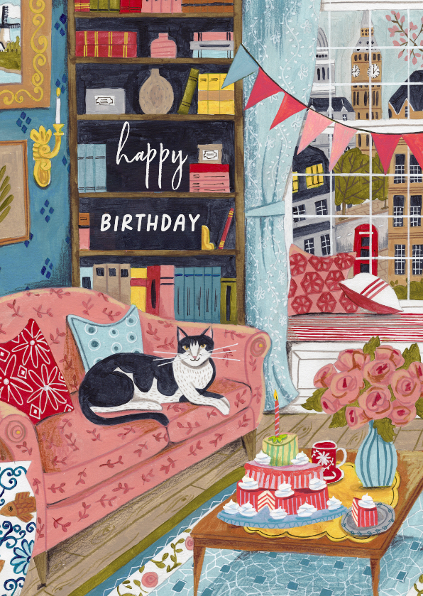 Verjaardagskaart vrouw kat Londen illustratie - Verjaardagskaarten Verjaardagskaarten - Verjaardagskaart vrouw kat Londen illustratie