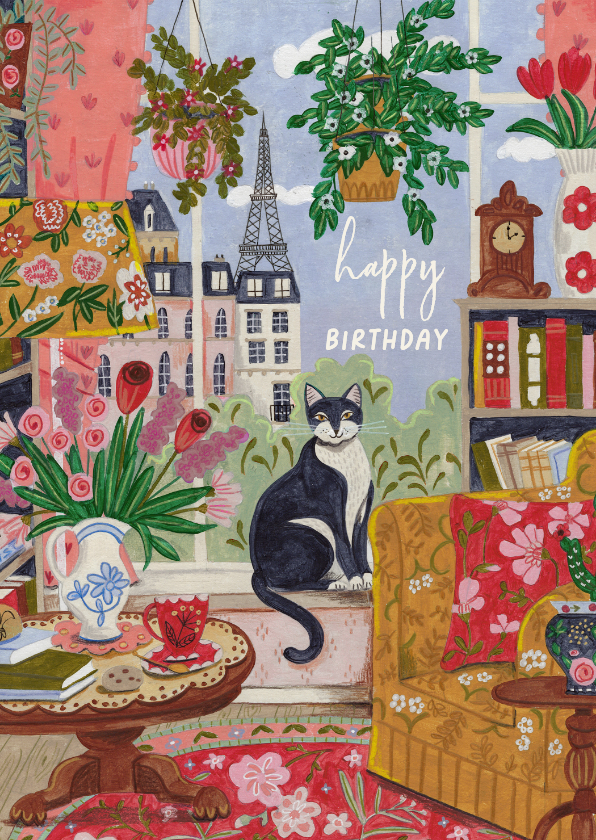 Verjaardagskaarten - Verjaardagskaart vrouw kat Parijs illustratie