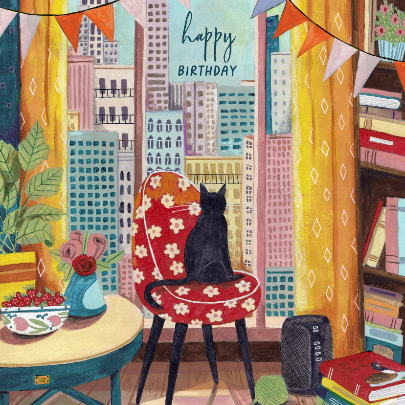 Verjaardagskaart vrouw kat voor het raam in New York - Verjaardagskaarten Verjaardagskaarten - Verjaardagskaart vrouw kat voor het raam in New York