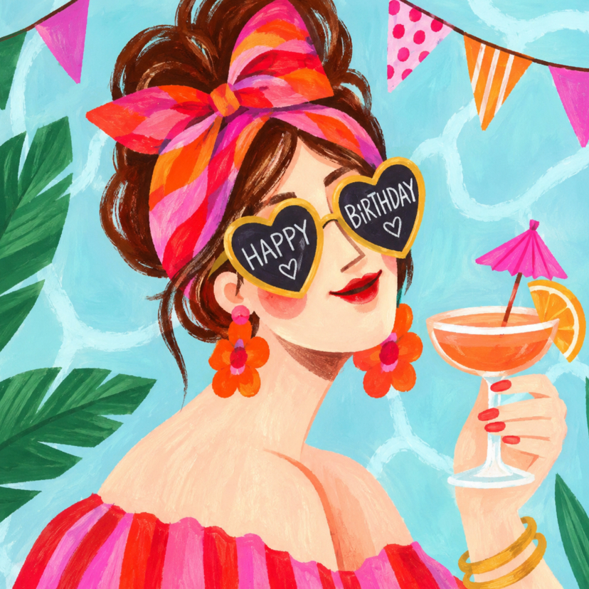Verjaardagskaarten - Verjaardagskaart vrouw met cocktail Happy Birthday zonnebril