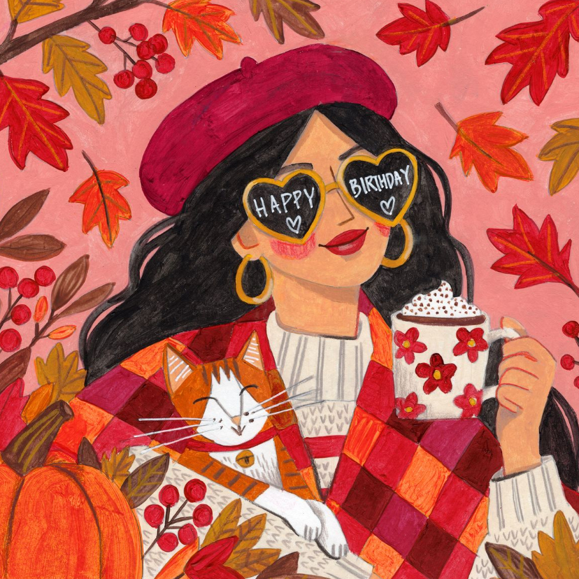 Verjaardagskaart vrouw met kat en herfstbladeren - Verjaardagskaarten Verjaardagskaarten - Verjaardagskaart vrouw met kat en herfstbladeren