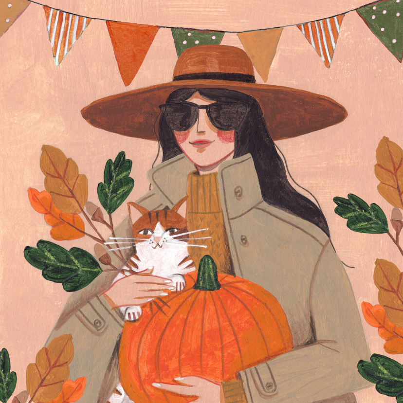 Verjaardagskaarten - Verjaardagskaart vrouw met kat en pompoen in de herfst