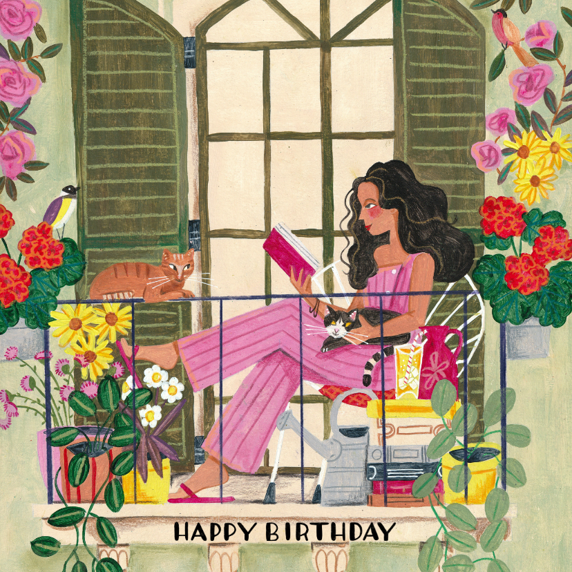 Verjaardagskaarten - Verjaardagskaart vrouw op het balkon met boeken