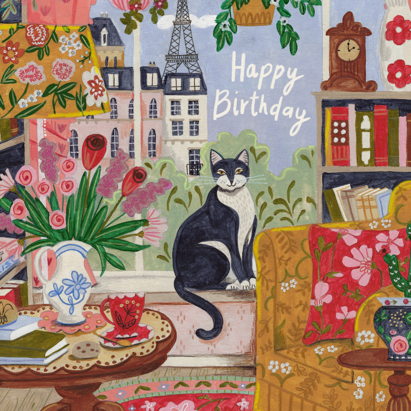Verjaardagskaart vrouw poes in het raam in Parijs - Verjaardagskaarten Verjaardagskaarten - Verjaardagskaart vrouw poes in het raam in Parijs