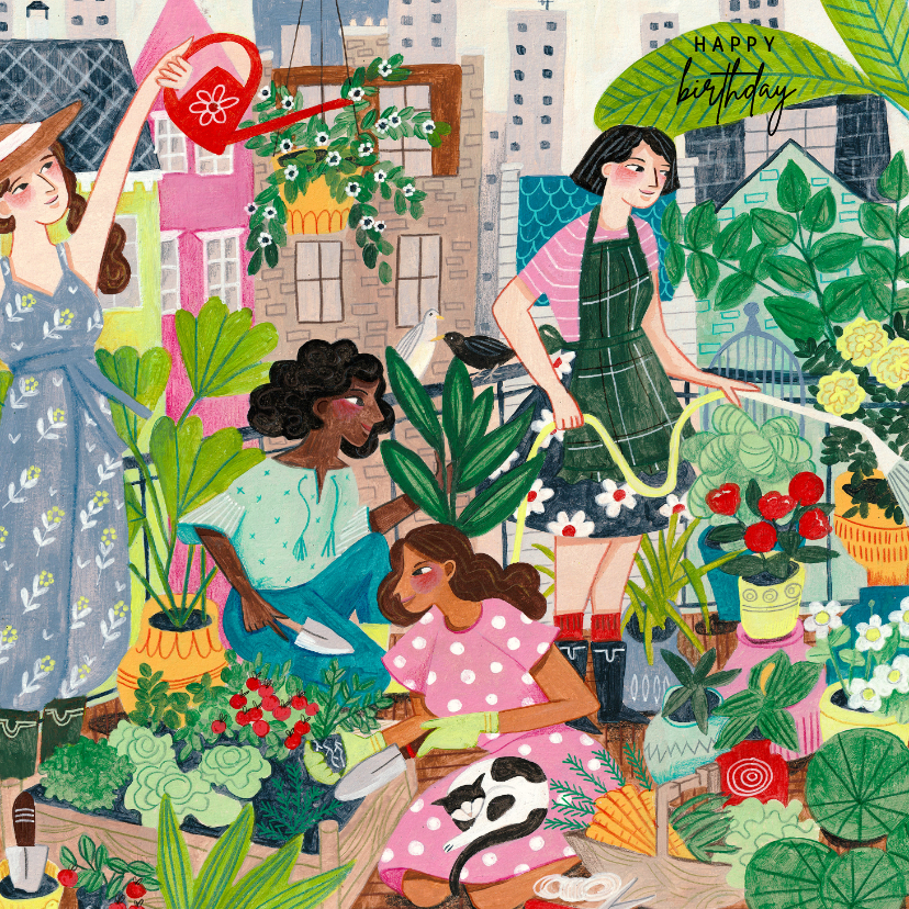 Verjaardagskaart vrouw tuinieren natuur illustratie - Verjaardagskaarten Verjaardagskaarten - Verjaardagskaart vrouw tuinieren natuur illustratie
