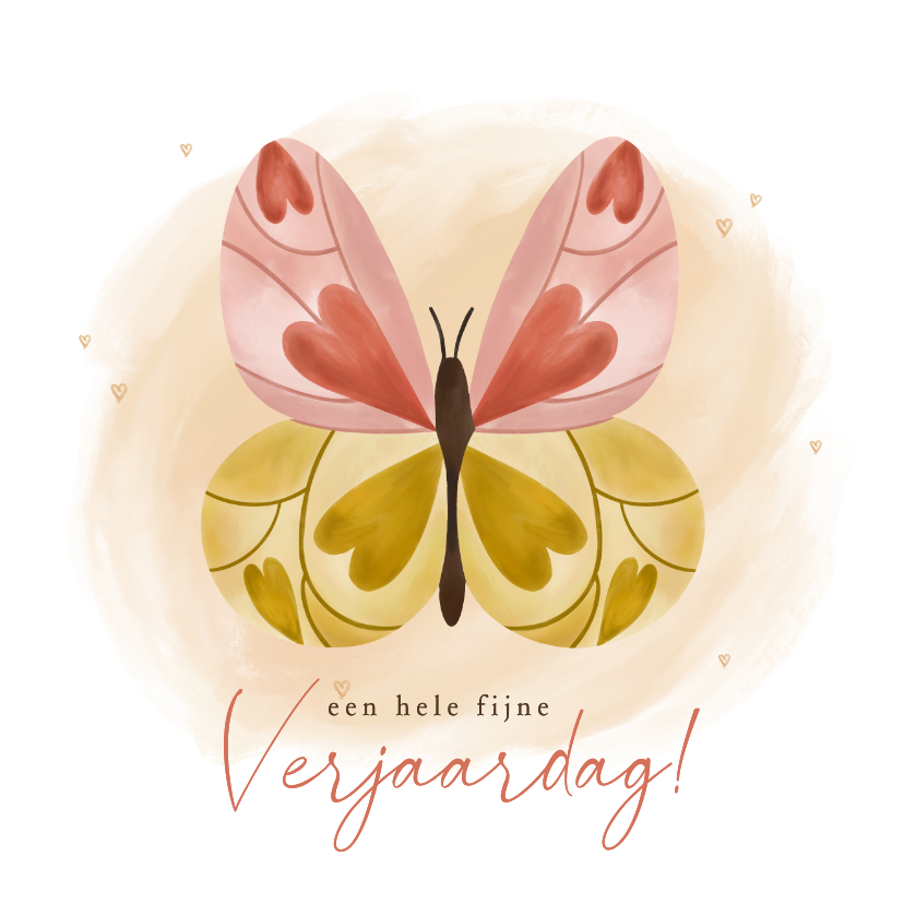 Verjaardagskaarten - Verjaardagskaart vrouw vlinder hartjes geel en roze