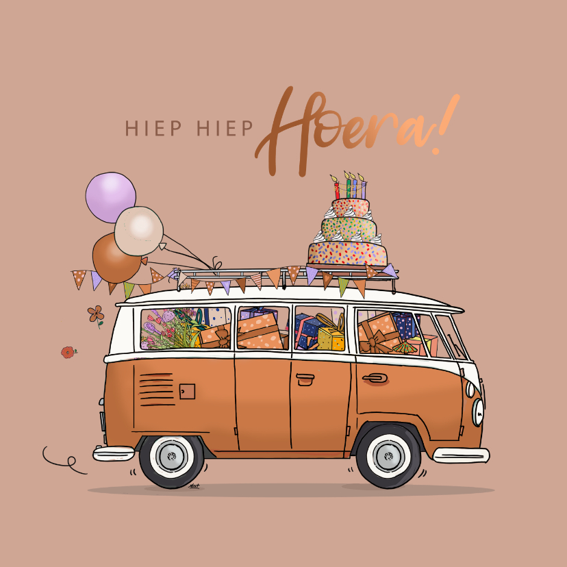 Verjaardagskaarten - Verjaardagskaart vw busje oranje bruin met taart