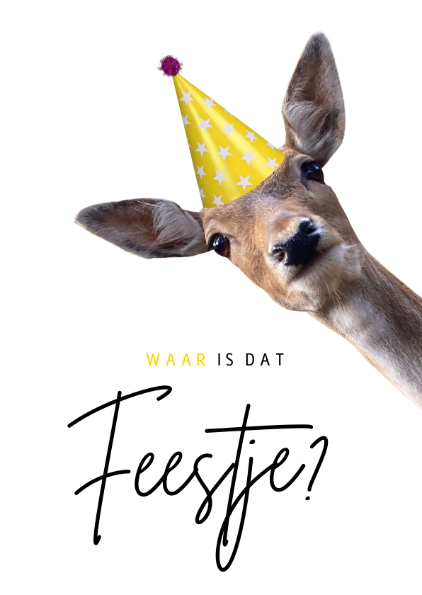 Verjaardagskaart waar is dat feestje met hert met feesthoed - Verjaardagskaarten Verjaardagskaarten - Verjaardagskaart waar is dat feestje met hert met feesthoed