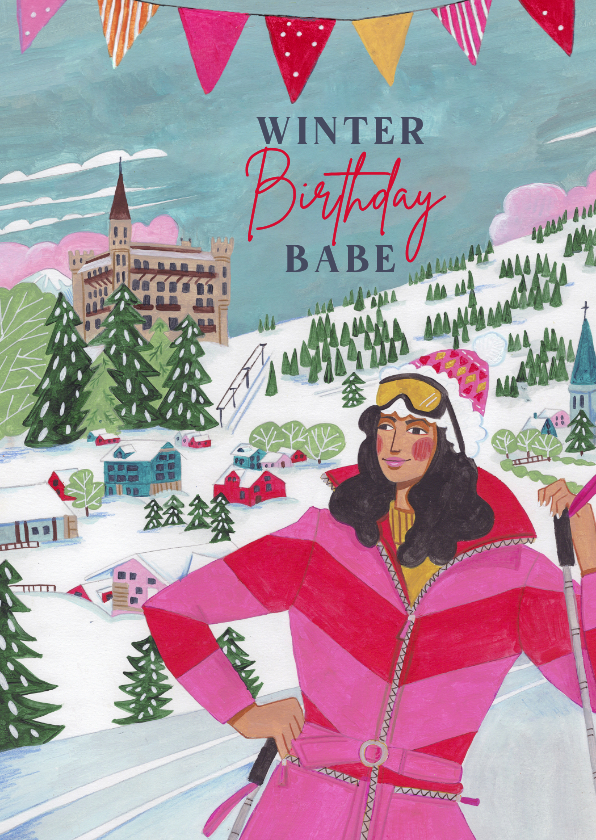 Verjaardagskaarten - Verjaardagskaart winter vrouw in skipak