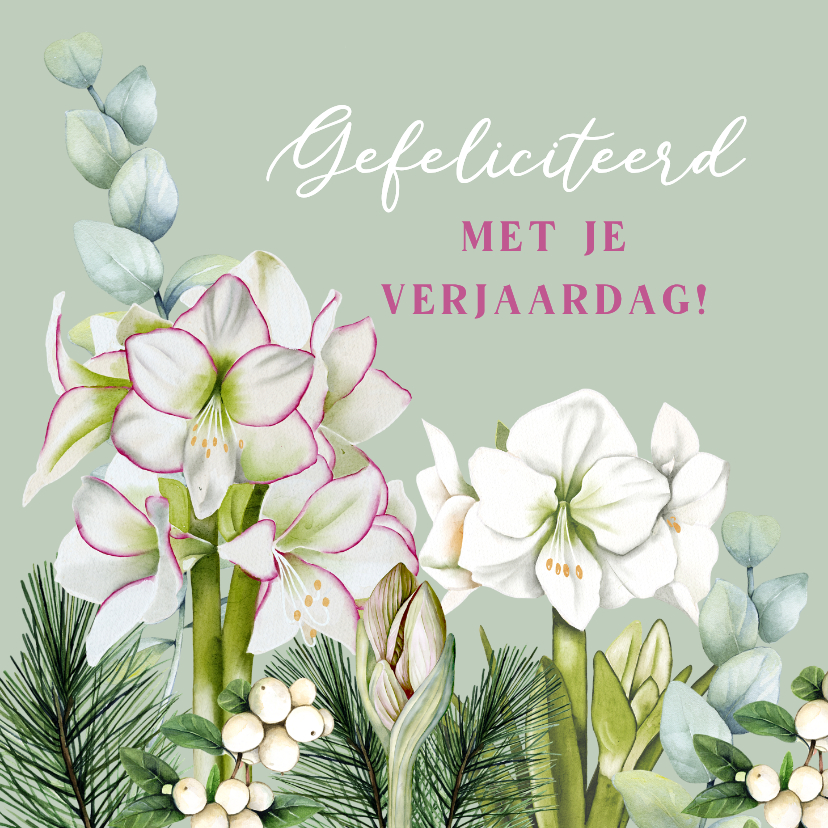 Verjaardagskaart witte amaryllisbloemen eucalyptus - Verjaardagskaarten Verjaardagskaarten - Verjaardagskaart witte amaryllisbloemen eucalyptus