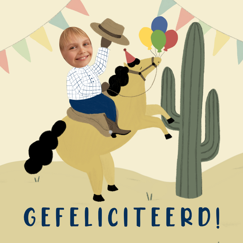 Verjaardagskaarten - Verjaardagskaart woestijn met paard, cactus en foto's