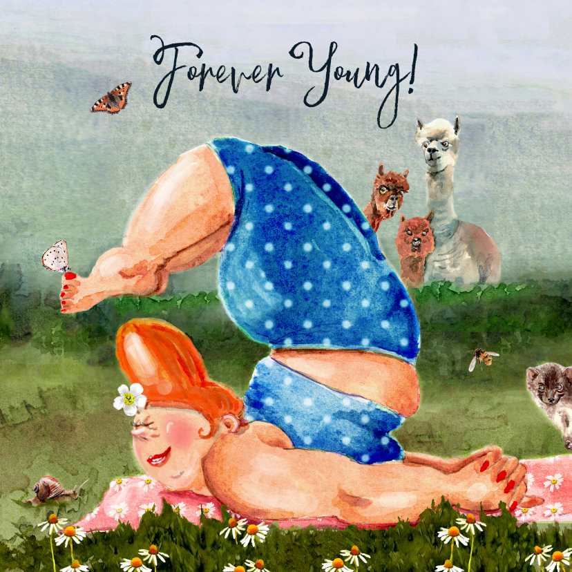 Verjaardagskaart yoga tussen de lama's - Verjaardagskaarten Verjaardagskaarten - Verjaardagskaart yoga tussen de lama's