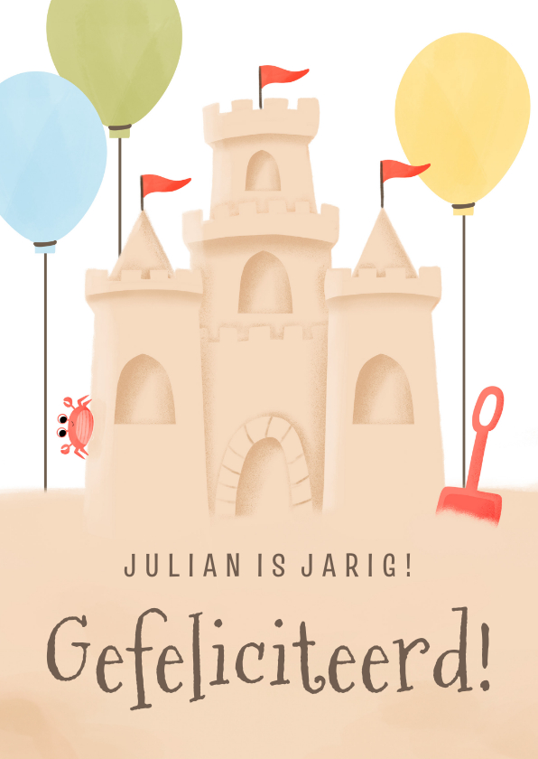 Verjaardagskaart zandkasteel krab ballonnen schep - Verjaardagskaarten Verjaardagskaarten - Verjaardagskaart zandkasteel krab ballonnen schep