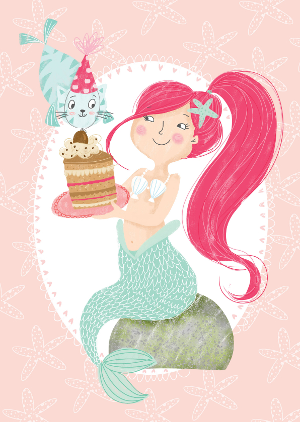 Verjaardagskaarten - Verjaardagskaart zeemeermin en zeekat