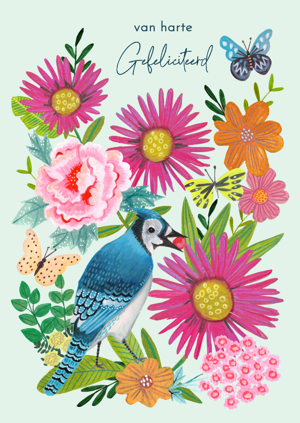 Verjaardagskaart zomer bloemen met vlinders en vogel - Verjaardagskaarten Verjaardagskaarten - Verjaardagskaart zomer bloemen met vlinders en vogel
