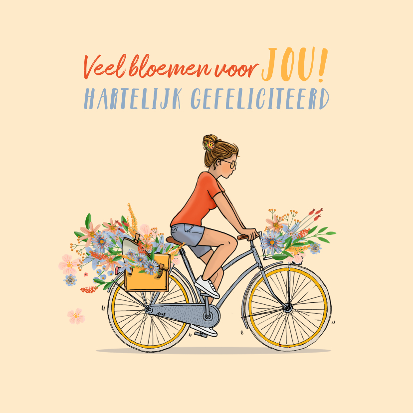 Verjaardagskaart zomer meisje op fiets - Verjaardagskaarten Verjaardagskaarten - Verjaardagskaart zomer meisje op fiets