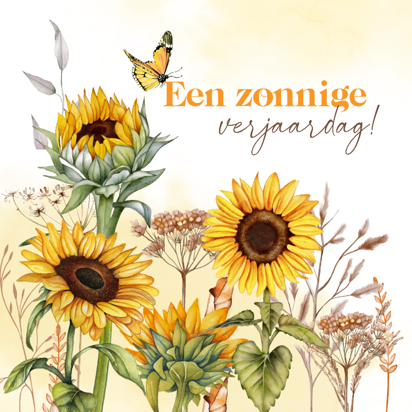 Verjaardagskaart zonnebloemen vlinder - Verjaardagskaarten Verjaardagskaarten - Verjaardagskaart zonnebloemen vlinder