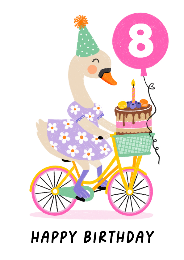 Verjaardagskaarten - Verjaardagskaart zwaan fiets ballon