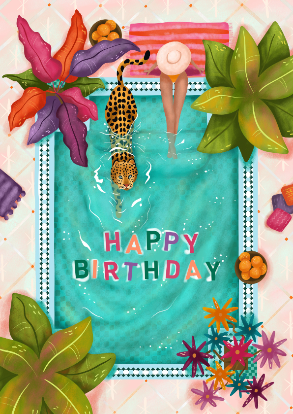 Verjaardagskaarten - Verjaardagskaart zwembad met luipaard en vrouw 