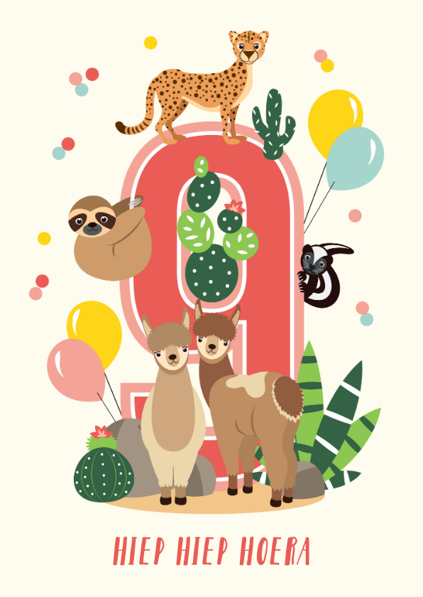 Verjaardagskaarten - Verjaardagskaartje 9 jaar met vrolijke alpaca's