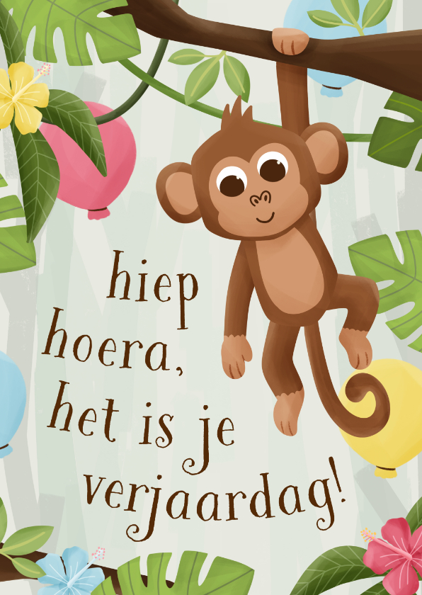 Verjaardagskaarten - Verjaardagskaartje aapje jungle ballonnen hoera