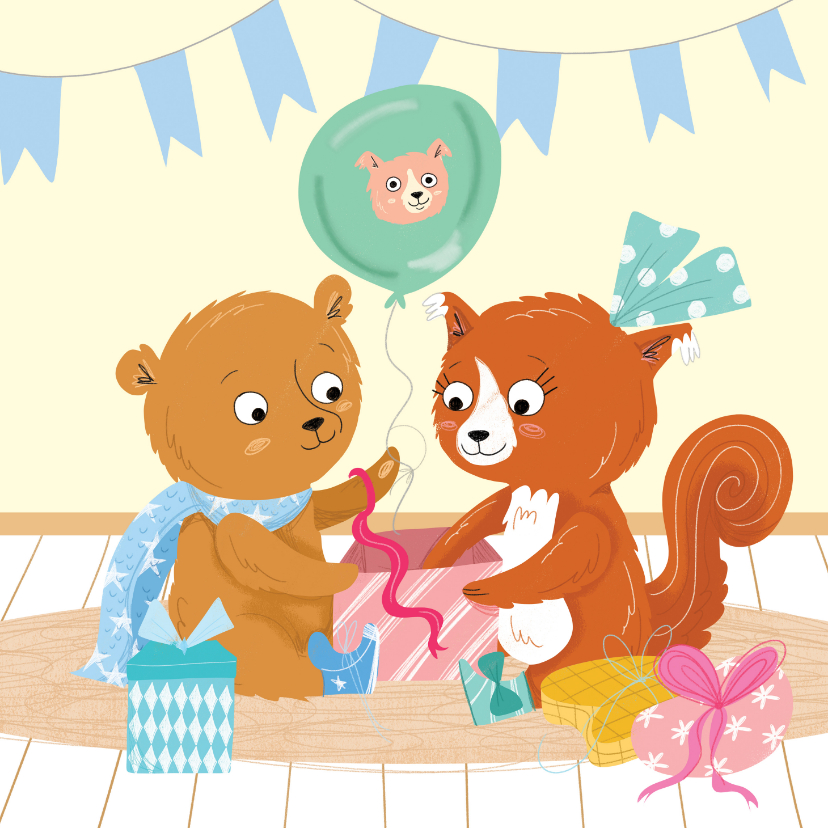 Verjaardagskaarten - Verjaardagskaartje beer eekhoorn vieren verjaardag