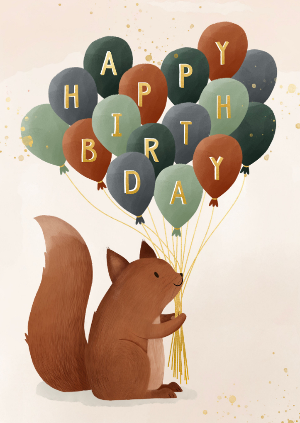 Verjaardagskaartje eekhoorn happy birthday op ballonnen - Verjaardagskaarten Verjaardagskaarten - Verjaardagskaartje eekhoorn happy birthday op ballonnen