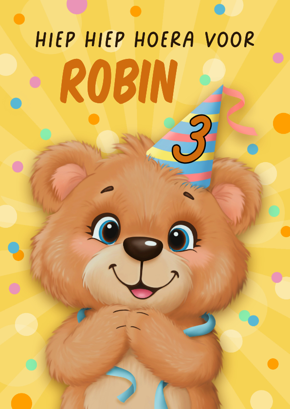 Verjaardagskaarten - Verjaardagskaartje een blij beertje met feestmuts