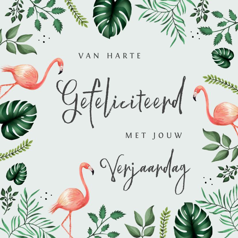 Verjaardagskaartje hip met flamingo's en bladeren - Verjaardagskaarten Verjaardagskaarten - Verjaardagskaartje hip met flamingo's en bladeren