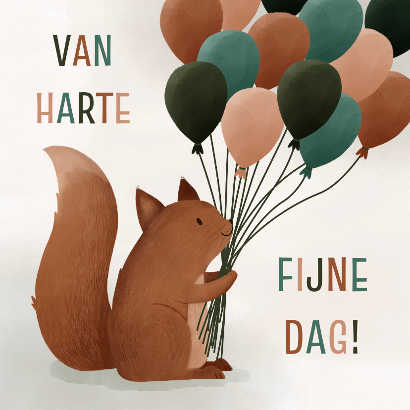 Verjaardagskaarten - Verjaardagskaartje illustratie eekhoorn met ballonnen groen