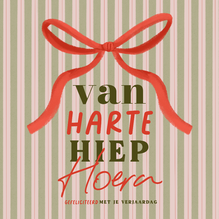 Verjaardagskaarten - Verjaardagskaartje kerst december strik strepen hiep hoera