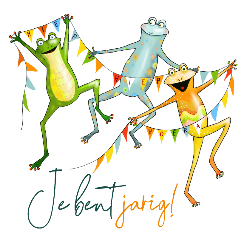 Verjaardagskaarten - Verjaardagskaartje kikkers met vlaggetjes