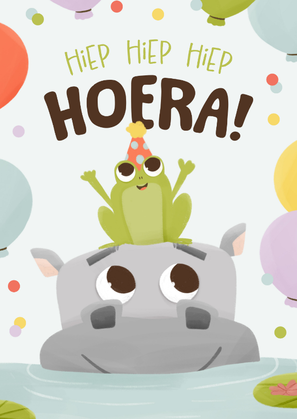 Verjaardagskaartje kind met nijlpaard en kikker ballonnen - Verjaardagskaarten Verjaardagskaarten - Verjaardagskaartje kind met nijlpaard en kikker ballonnen