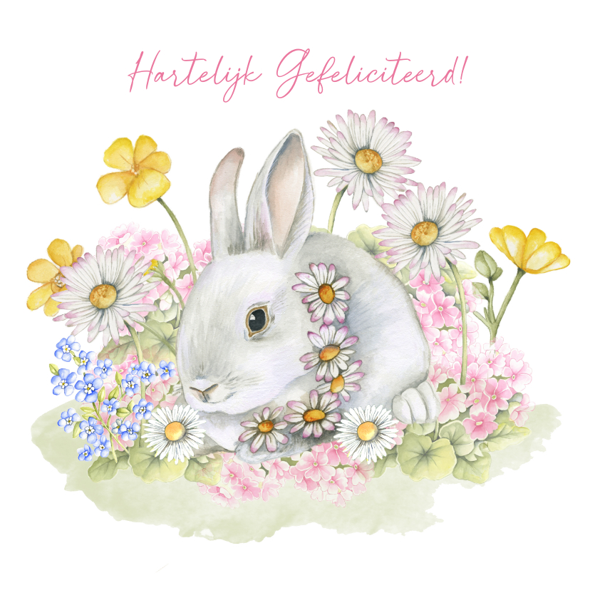 Verjaardagskaarten - Verjaardagskaartje konijntje tussen bloemetjes