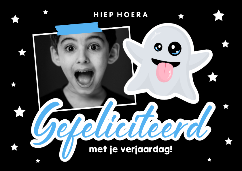 Verjaardagskaarten - Verjaardagskaartje met emoji spookje en foto zwart