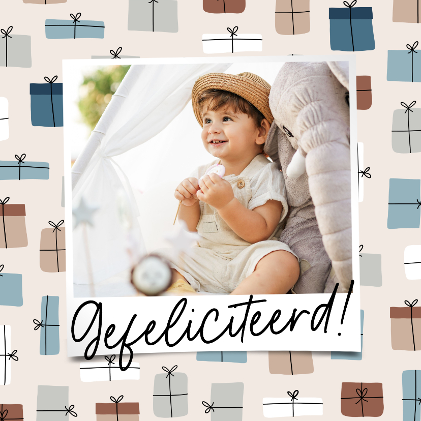 Verjaardagskaartje patroon cadeaus met foto blauw - Verjaardagskaarten Verjaardagskaarten - Verjaardagskaartje patroon cadeaus met foto blauw