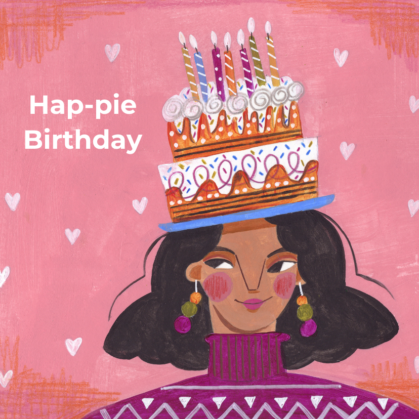 Verjaardagskaarten - Verjaardagstaart vrouw met taart hap-pie birthday