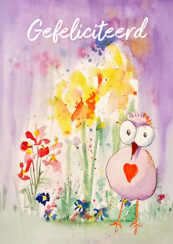 Verjaarsdagkaart met bloemen en vogel - Verjaardagskaarten Verjaardagskaarten - Verjaarsdagkaart met bloemen en vogel