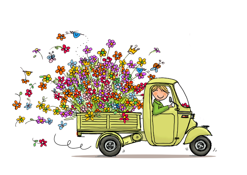 Vespa Ape geel bloemen - Verjaardagskaarten Verjaardagskaarten - Vespa Ape geel bloemen
