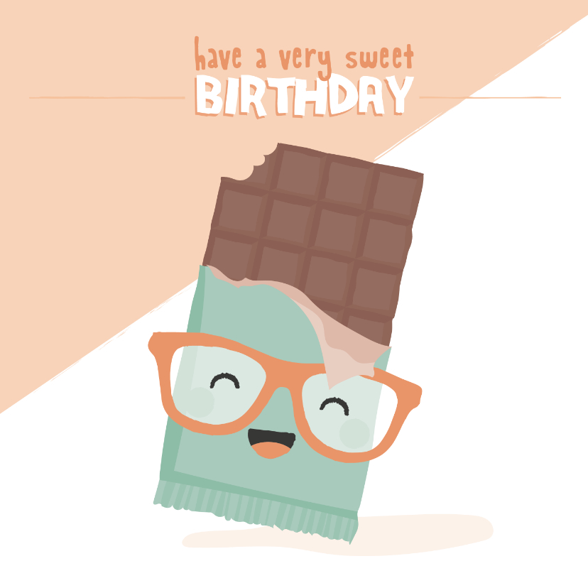 Verjaardagskaarten - Vierkante verjaardagskaart met lachende chocolade reep.