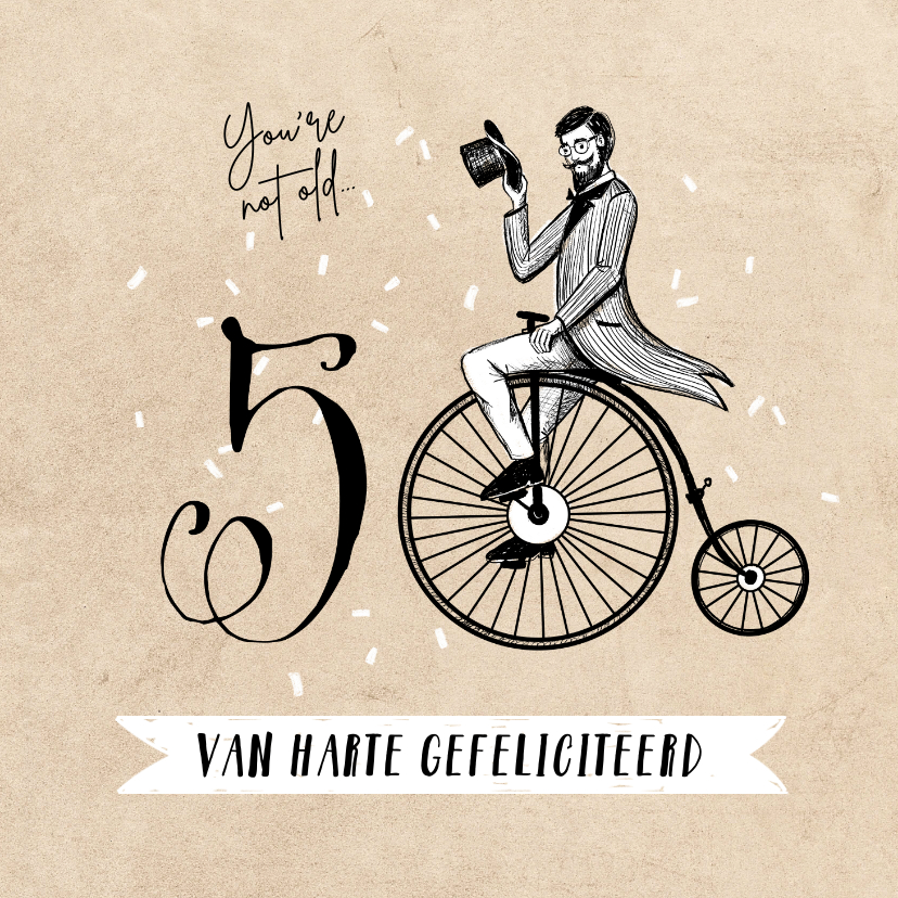 Verjaardagskaarten - Vintage verjaardagskaart 50 jaar fiets man confetti