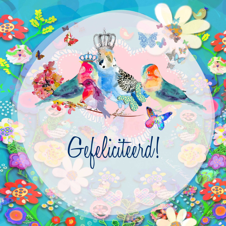 Vogels met kroon en bloemen - Verjaardagskaarten Verjaardagskaarten - Vogels met kroon en bloemen