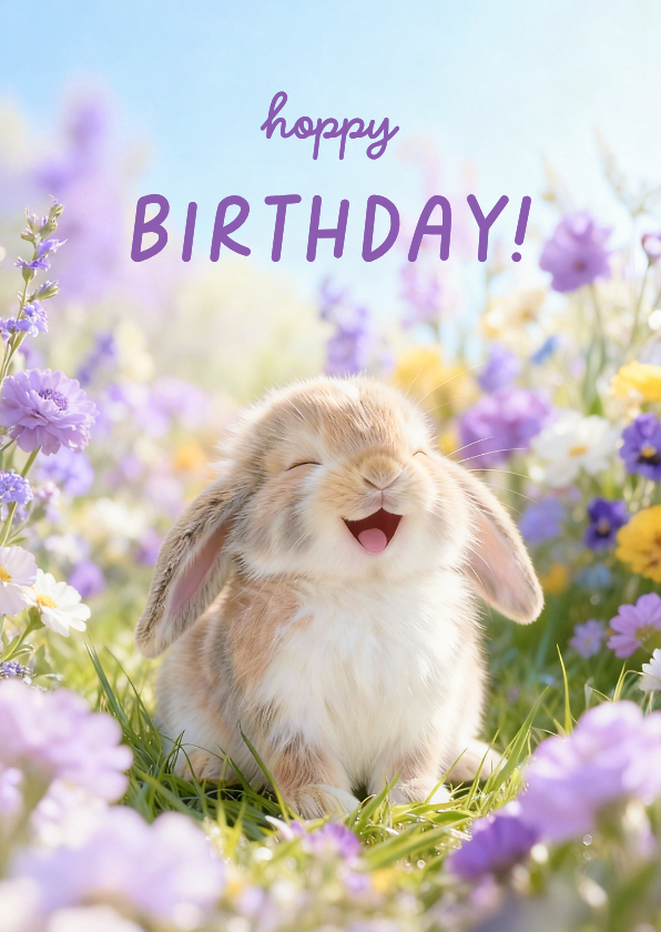 Vrolijk lente verjaardagskaartje met konijn 'hoppy birthday' - Verjaardagskaarten Verjaardagskaarten - Vrolijk lente verjaardagskaartje met konijn 'hoppy birthday'