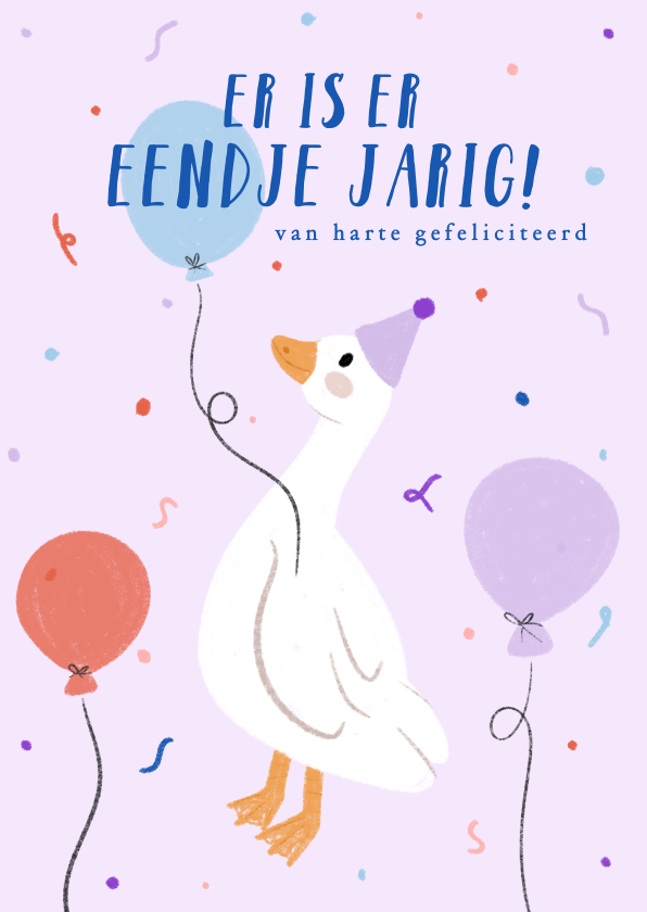 Verjaardagskaarten - Vrolijk verjaardagskaartje in lila met eend en confetti