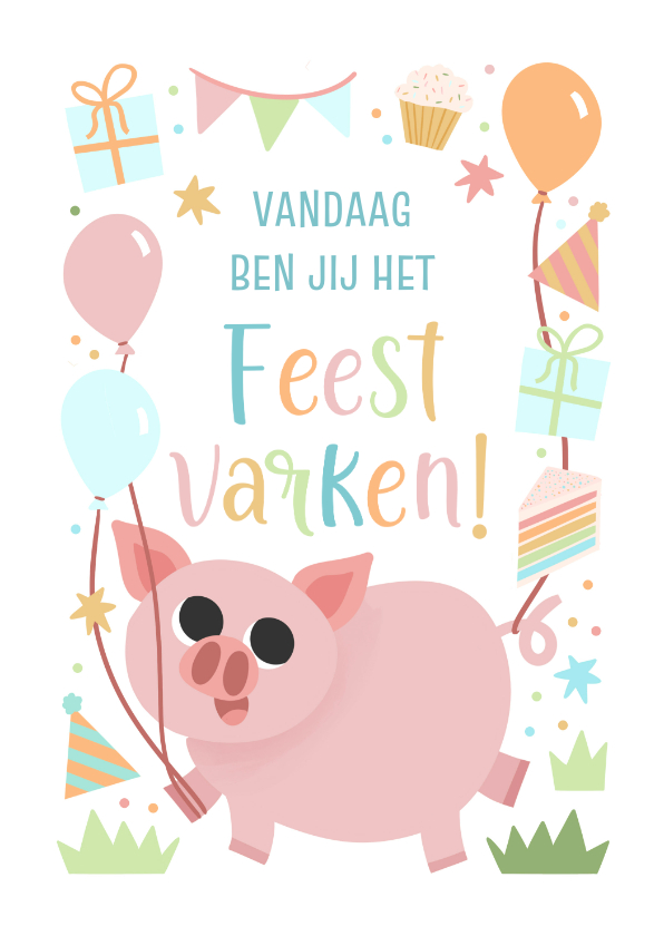 Vrolijk verjaardagskaartje kind feestvarkentje - Verjaardagskaarten Verjaardagskaarten - Vrolijk verjaardagskaartje kind feestvarkentje
